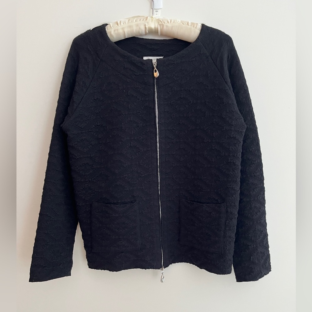 BOLA Black Wool Textured Zipper Short Cardigan Made Italy Lagenlook Layer Chic